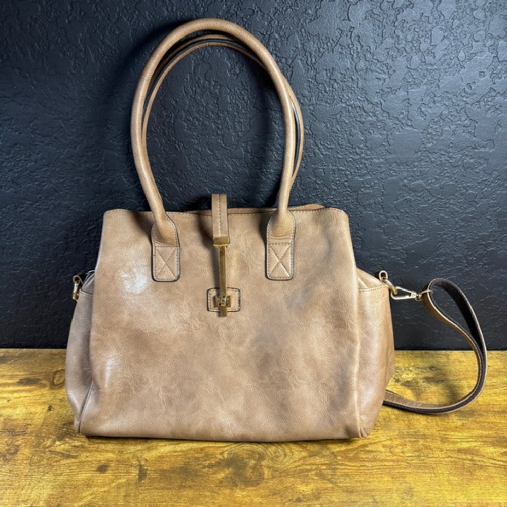 Mellow World Tan Vegan Leather Multi-Compartment Satchel Crossbody Handbag